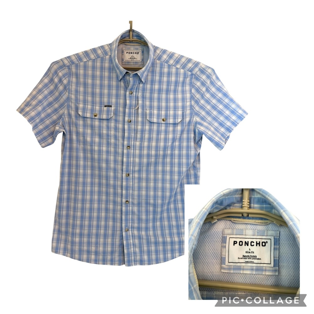 Poncho Outdoors Men Large Slim Fit Blue Plaid Short Sleeve Fishing Shirt Mag Pkt